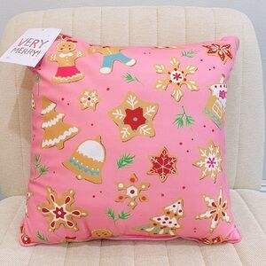NEW Very Merry Pink Gingerbread Cookie Christmas Holiday Decorative Throw Pillow
